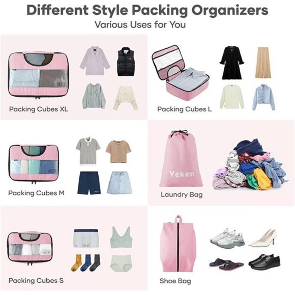 6 Pc Set Packing Cubes Luggage Packing Organizers for Travel Accessories - Picture 5 of 6